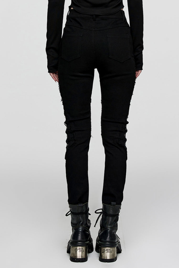 Black Stitching Slim Mesh Metal Eyelet Decoration Women's Steampunk Pants