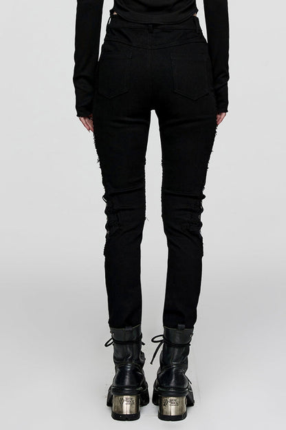 Black Stitching Slim Mesh Metal Eyelet Decoration Women's Steampunk Pants
