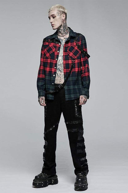 Red/Green Punk Plaid Simple Leather Loops Cotton asticity Men's Shirt