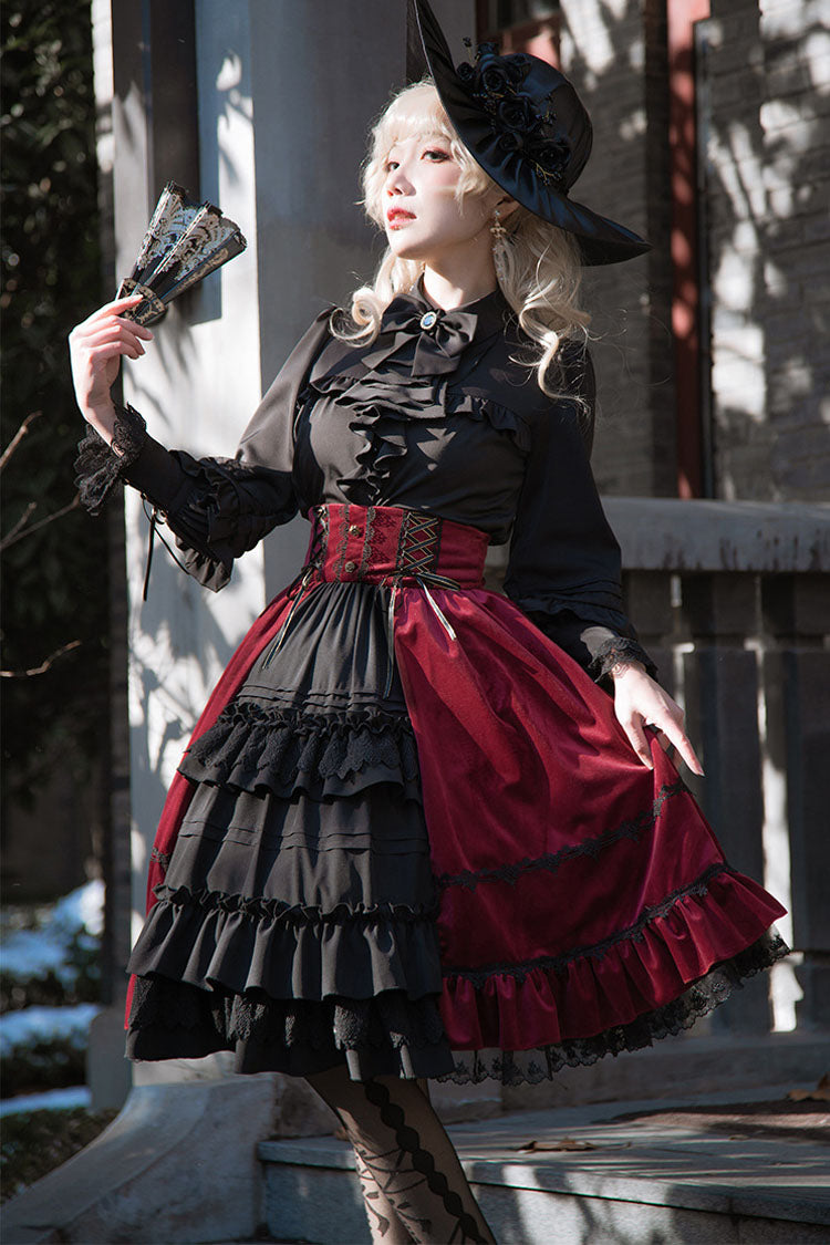 Black/Red Stitching Cardigan Ruffled Multi-Layer Gothic Lolita Skirt Dress