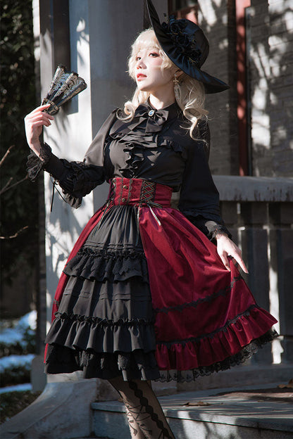 Black/Red Stitching Cardigan Ruffled Multi-Layer Gothic Lolita Skirt Dress