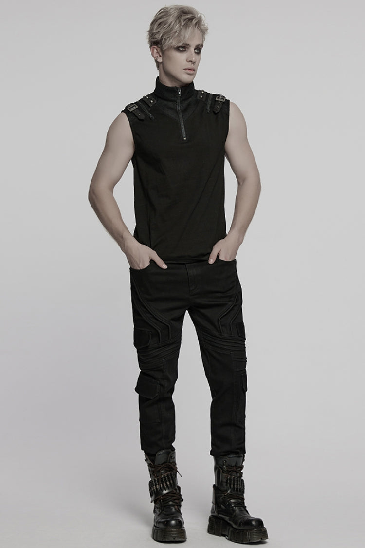 Black Stand Collar Sleeveless Stitching Mesh Zipper Men's Punk Vest