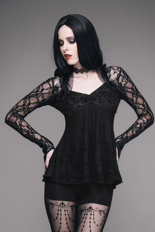 Black Sexy V Neck Mesh Long Sleeves Rose Lace Bottoming Women Gothic T-Shirt
