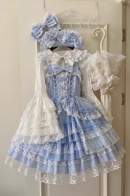 Blue [Love Overture] Multi-Layered Ruffle Bowknot Lace Sweet Lolita Jsk Dress
