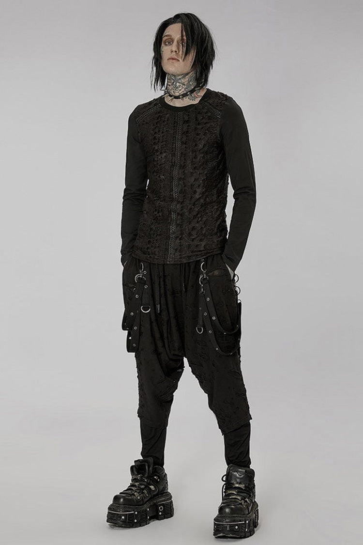Black Punk Knitted Print Splicing Concave And Convex Webbing Decoration Long Sleeve Men's T-Shirt