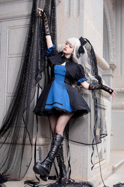 Black/Blue [Night Liana] Ruffle Bowknot Lace-Up Sweet Japanese Lolita Jumper Dress Set