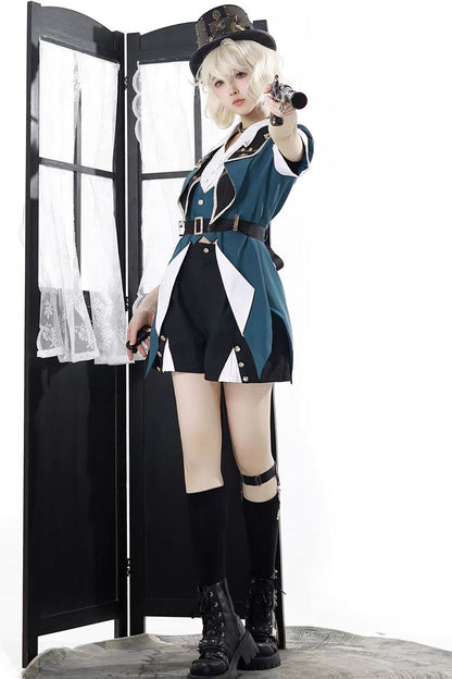 Black/Green [Anlexia Bookstore] Square Collar Short Sleeves Embroidered Studded Gothic College Style Prince Handsome Ouji Lolita Set