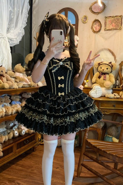 Black Sleeveless Multi-Layered Polka Dots Printed Ruffled Bow Sweet Princess Lolita Jsk Dress