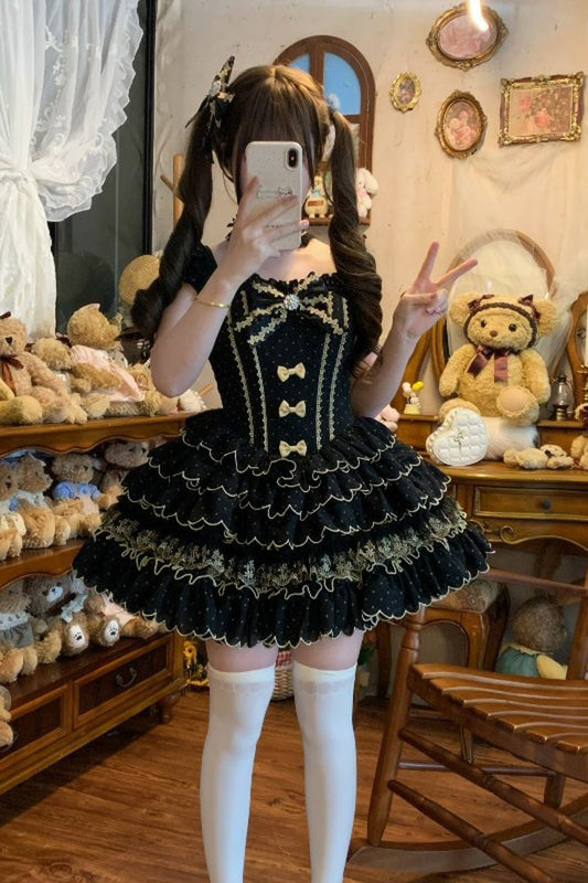 Black Sleeveless Multi-Layered Polka Dots Printed Ruffled Bow Sweet Princess Lolita Jsk Dress