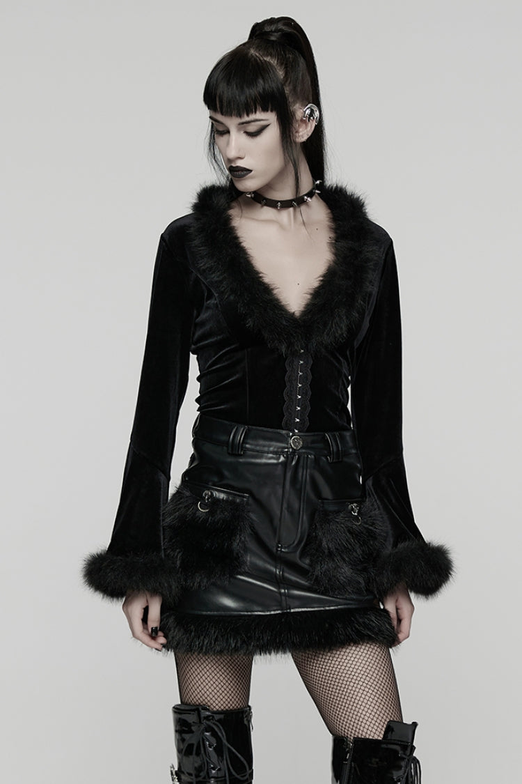 Black V Collar Long Sleeves Faux Fur Spliced Lace-Up Women's Gothic Cardigan