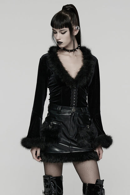 Black V Collar Long Sleeves Faux Fur Spliced Lace-Up Women's Gothic Cardigan