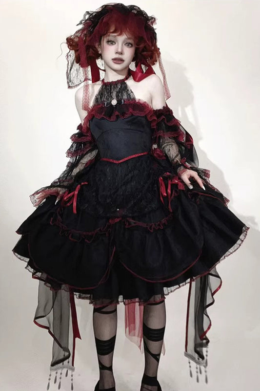 Black/Red [Layered Poem] Halterneck Sleeveless Multi-Layered Jacquard Hanayome Bow Lace Gothic Lolita Dress
