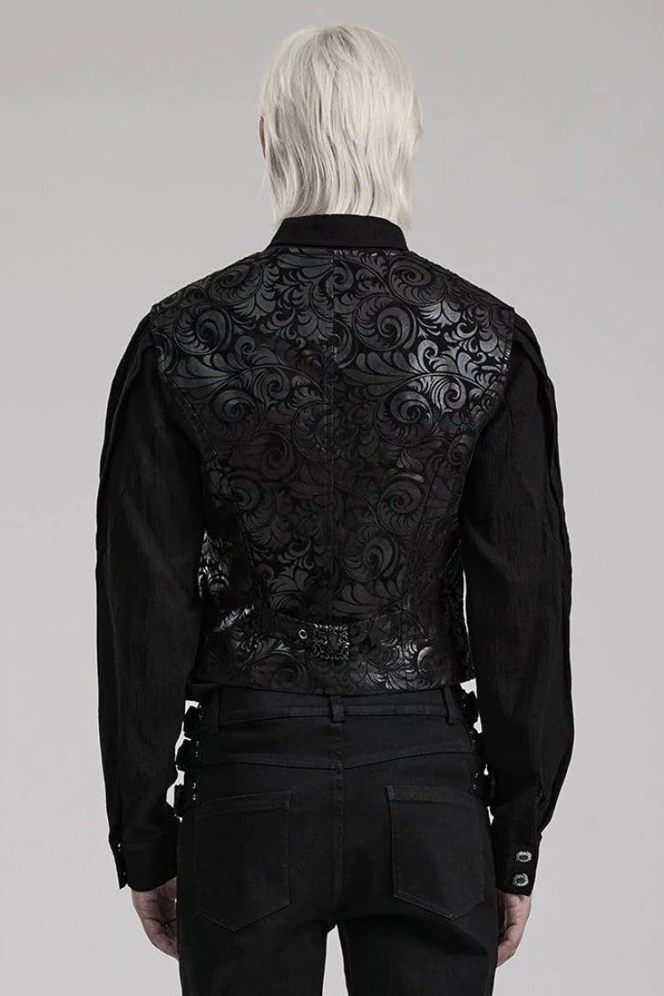 Black V Collar Sleeveless Exquisitely Carved Floral Print Faux Leather Mens Gothic Vest