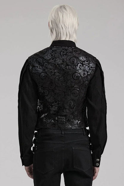 Black V Collar Sleeveless Exquisitely Carved Floral Print Faux Leather Mens Gothic Vest