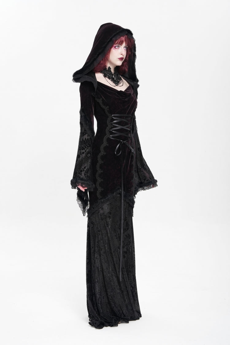 Black/Red Long Trumpet Sleeves Embroidery Stitching Lace Hooded Mesh Women's Gothic Dress