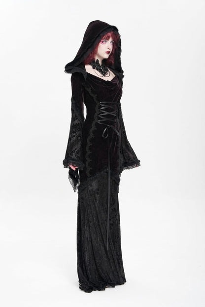 Black/Red Long Trumpet Sleeves Embroidery Stitching Lace Hooded Mesh Women's Gothic Dress