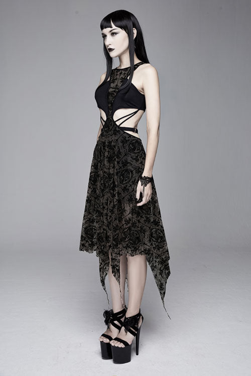 Black Semilucent Queen Cross Flocking Printed Sleeveless Sexy Mesh Gothic Womens Dress