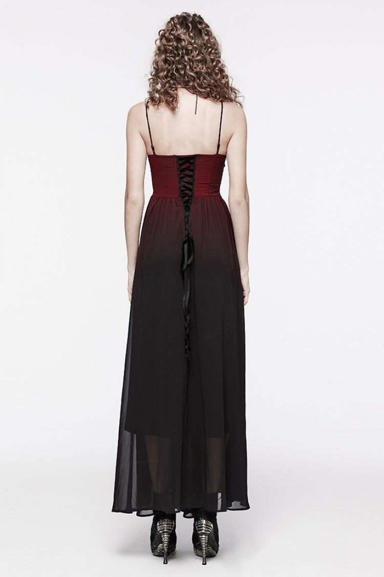 Black/Red Floral Embroidery Lace-Up Women's Gothic Slip Dress
