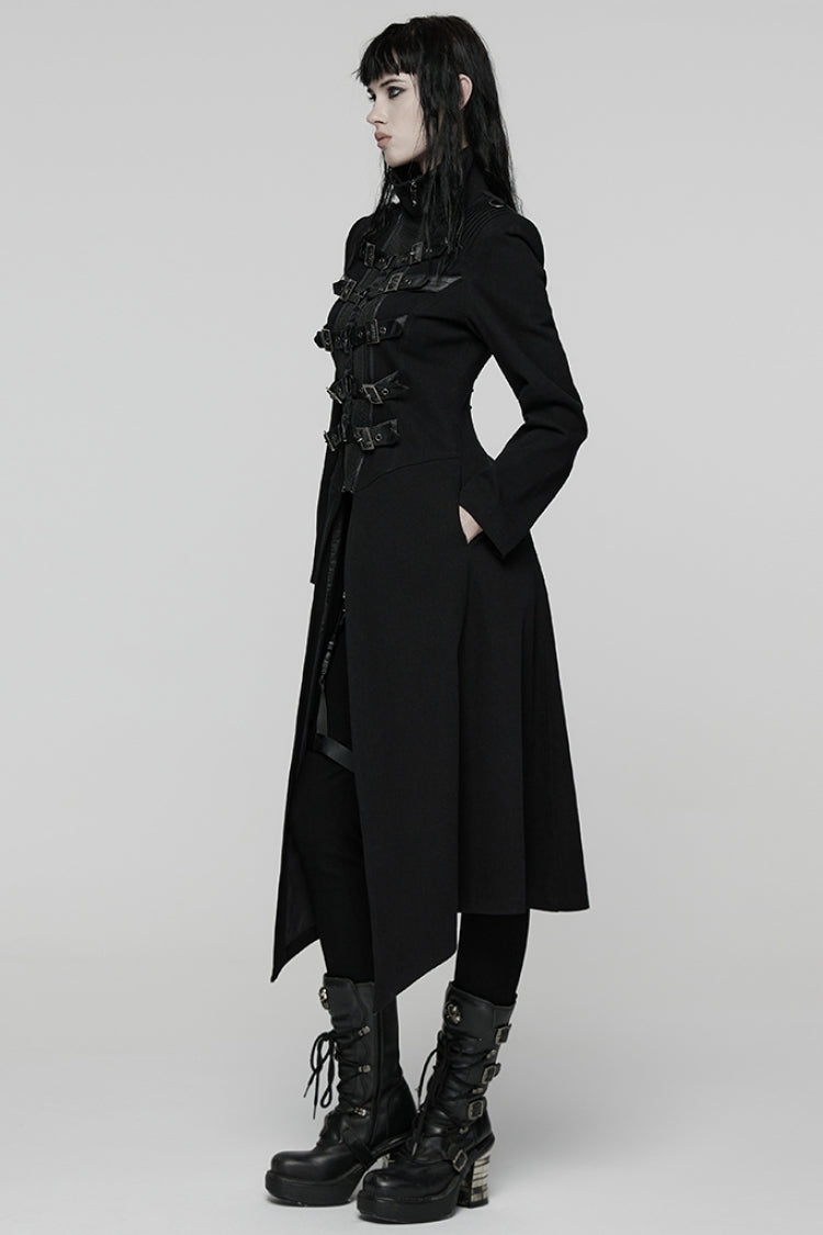 Black Stand Collar Long Sleeves Lace-Up Mesh Buckle Women's Punk Coat