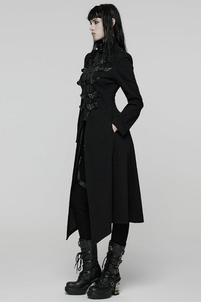 Black Stand Collar Long Sleeves Lace-Up Mesh Buckle Women's Punk Coat