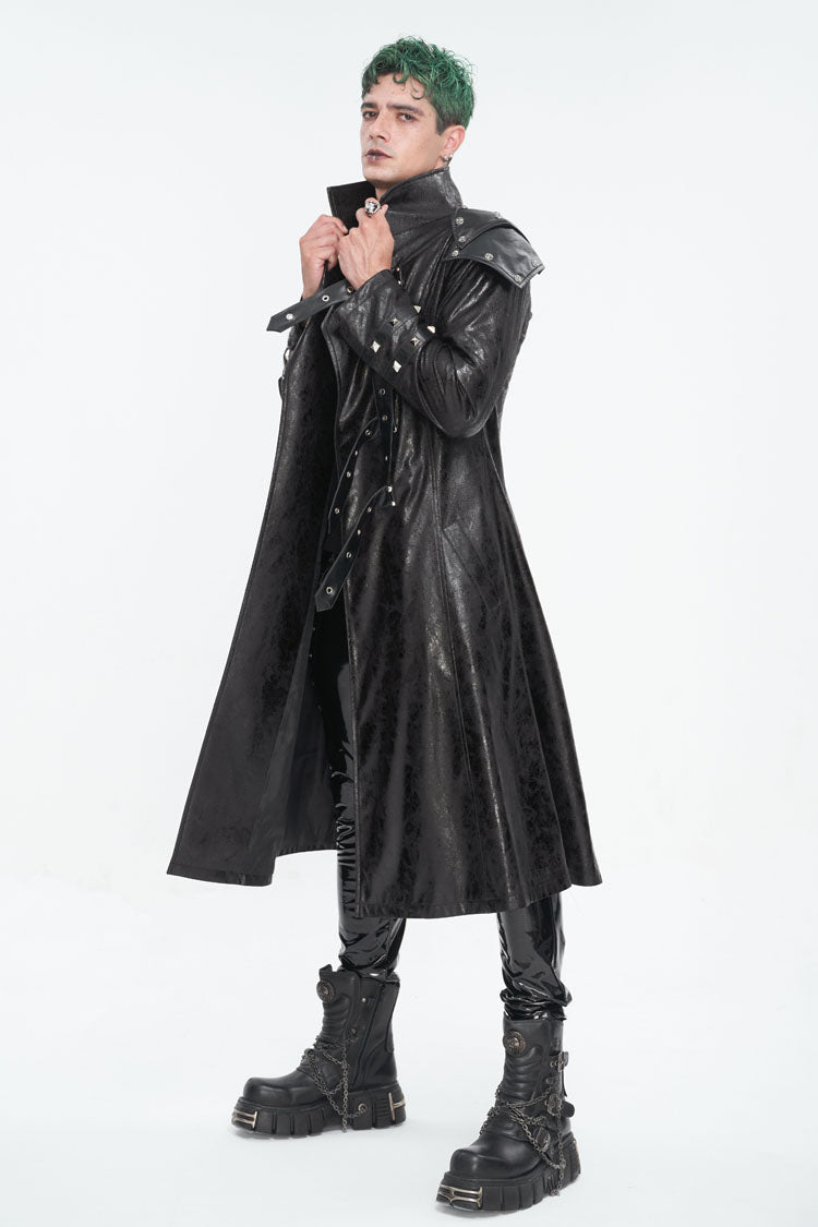 Black Stand Collar Multi Buckle Faux Long Leather Men's Punk Coat