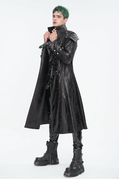 Black Stand Collar Multi Buckle Faux Long Leather Men's Punk Coat