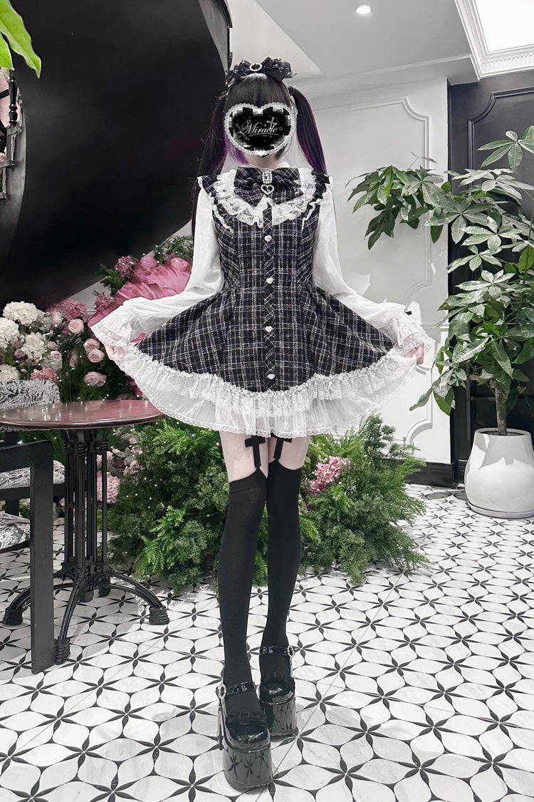 Black [Lunar Eclipse Doll] Long Sleeves Plaid Printed Ruffled Bow Lace Sweet Jirai Kei Japanese Dress Shorts Set