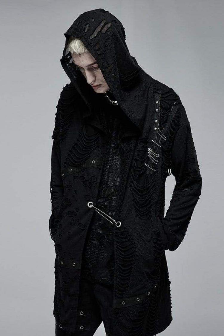 Black Ripped Hooded Metal Large Pins Mens Gothic Coat