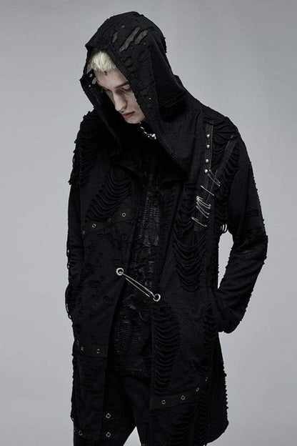Black Ripped Hooded Metal Large Pins Mens Gothic Coat