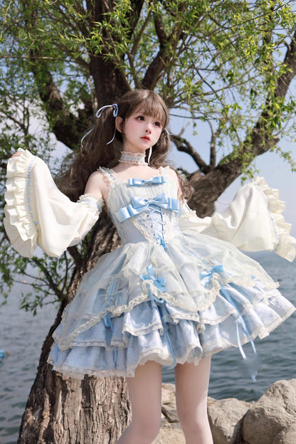 Blue/Apricot Sleeveless Multi-layer Ruffle Bowknot Lace-Up Sweet Princess Lolita Jsk Dress