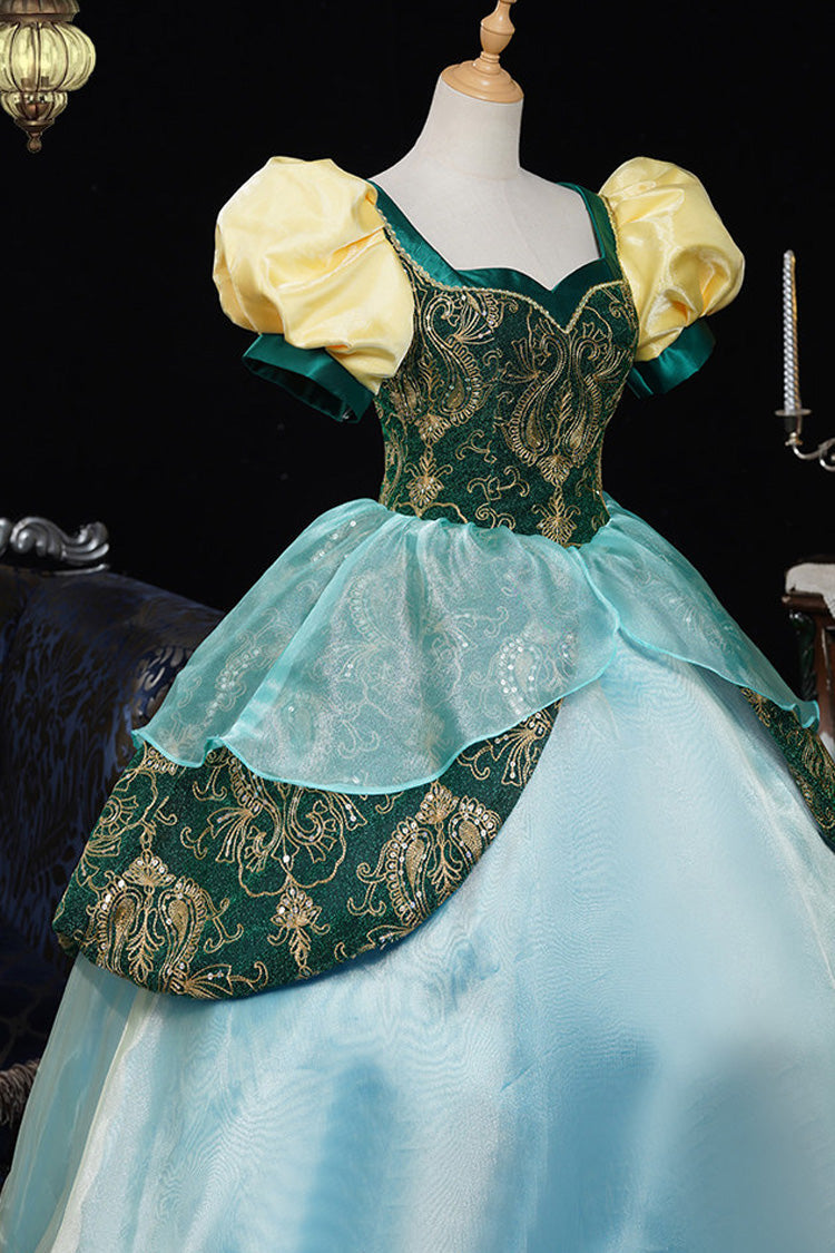 Blue/Green Square Collar Short Lantern Sleeves Multi-Layered Ruffled Embroidered Lace Gothic Vintage Princess Palace Lolita Victorian Dress