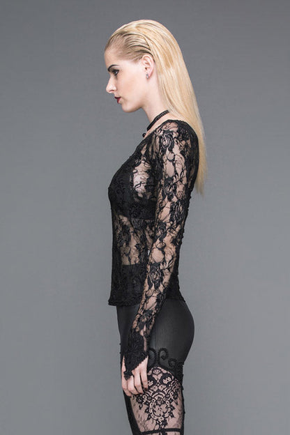 Black Sexy Hollow Out Rose Flocking Big Round Collar Lace Womens Gothic T-Shirt