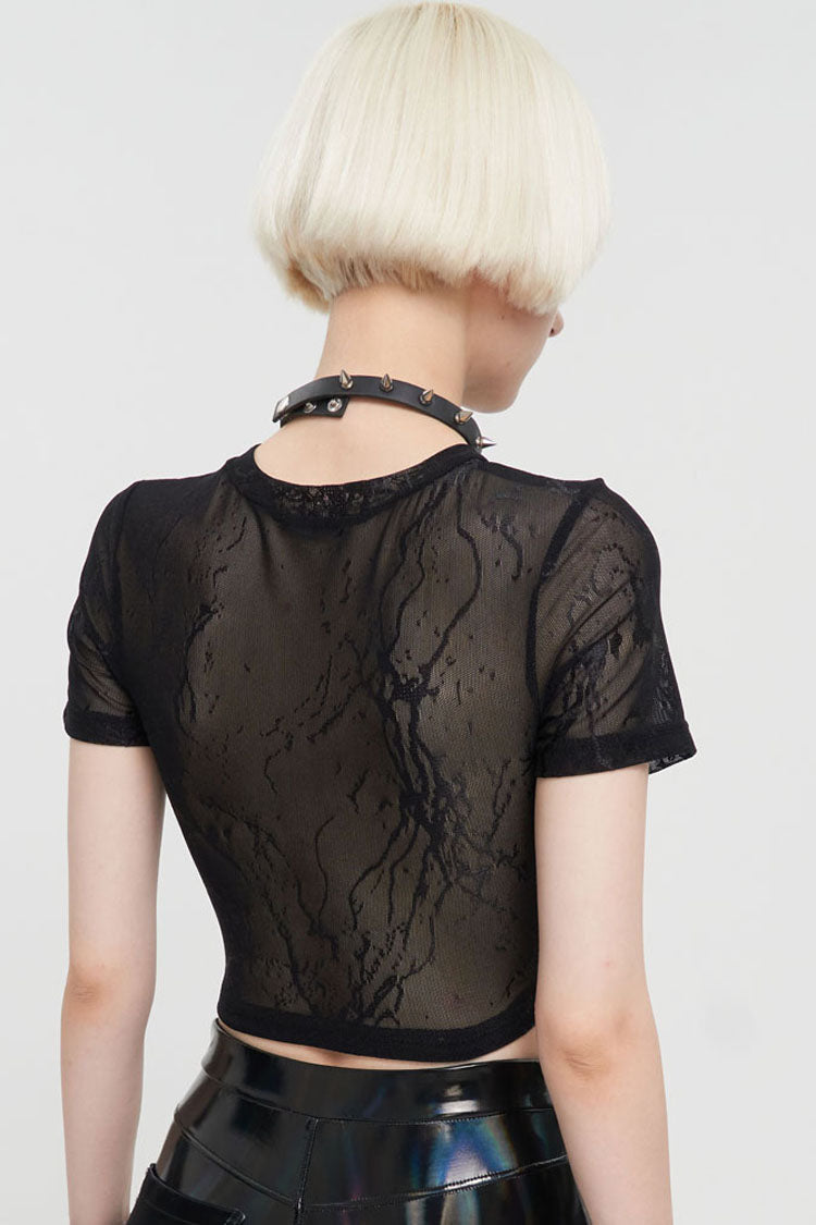 Black Punk Short Sleeve Mesh-Paneled Matte Leather Crew Neck Women's T-Shirt