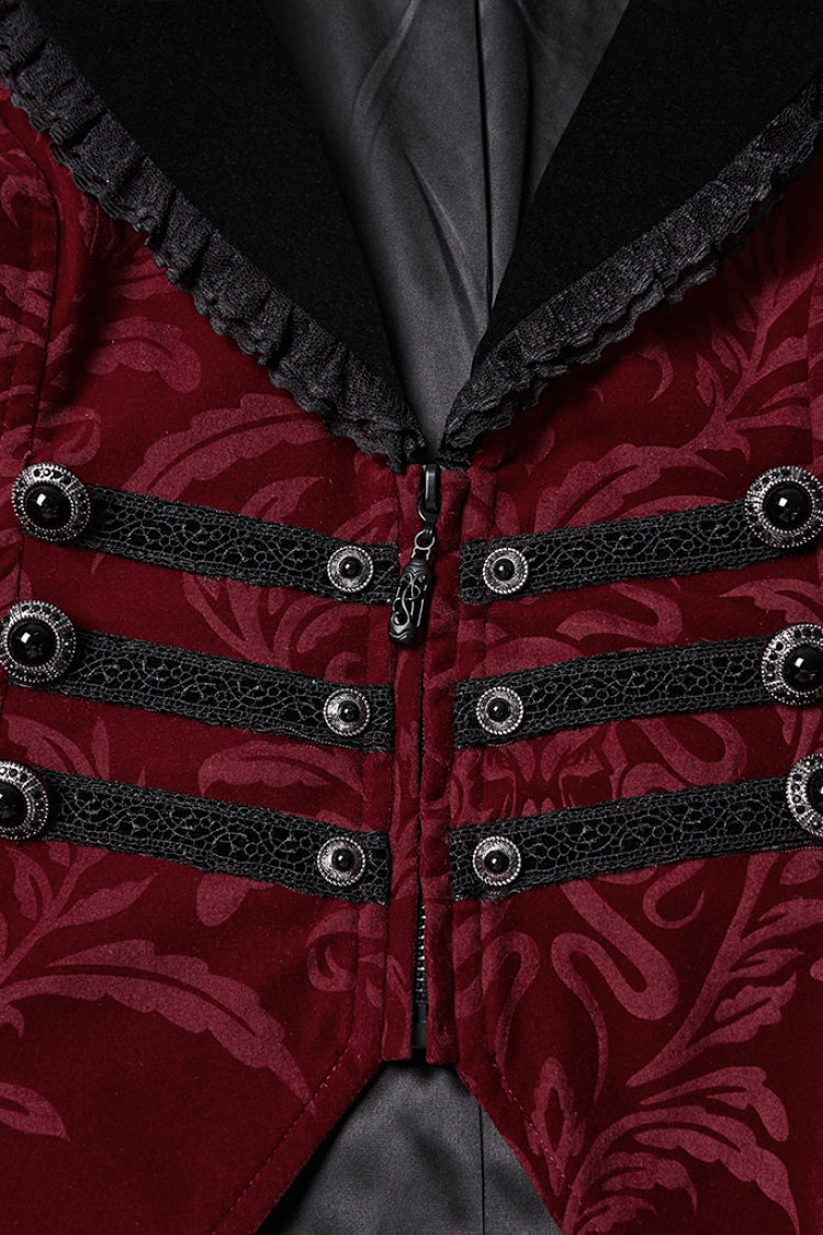 Red/Black Lapel Collar Long Sleeves Lace-Up Zipper Women's Punk Coat