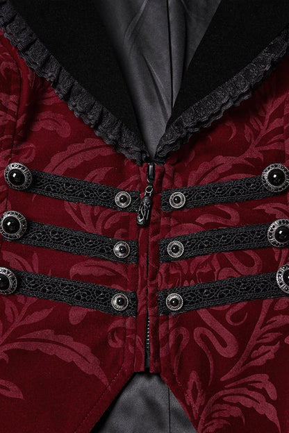 Red/Black Lapel Collar Long Sleeves Lace-Up Zipper Women's Punk Coat