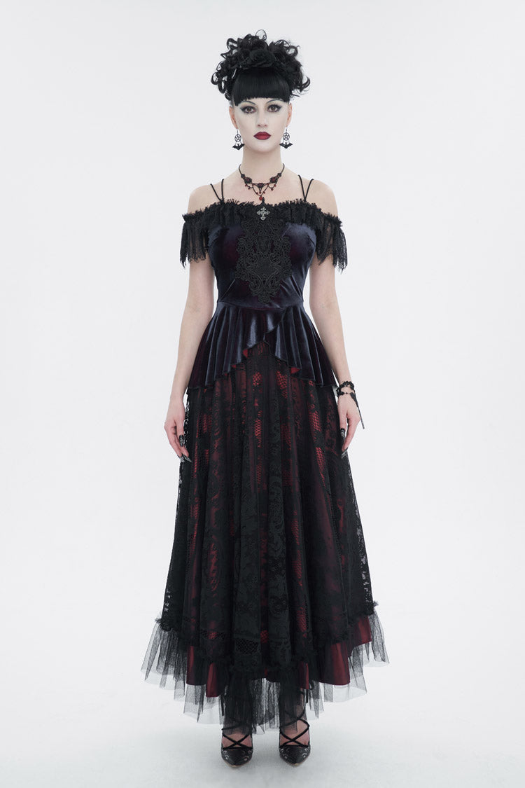 Red Stretch Velvet Eyelash Lace Short-Sleeved One-Shoulder Women's Gothic Strap T-Shirt