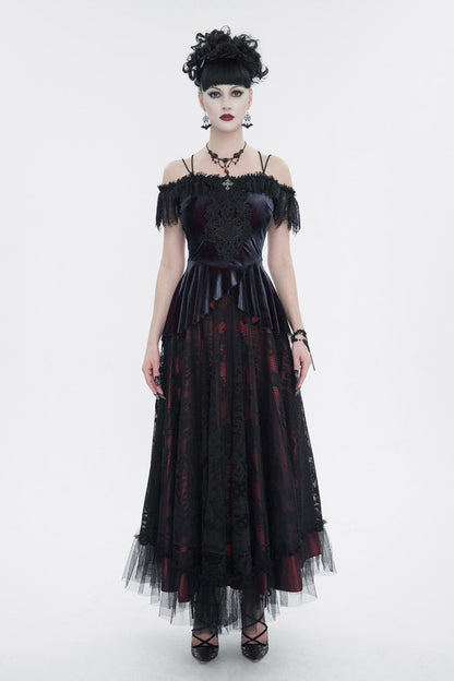 Red Stretch Velvet Eyelash Lace Short-Sleeved One-Shoulder Women's Gothic Strap T-Shirt