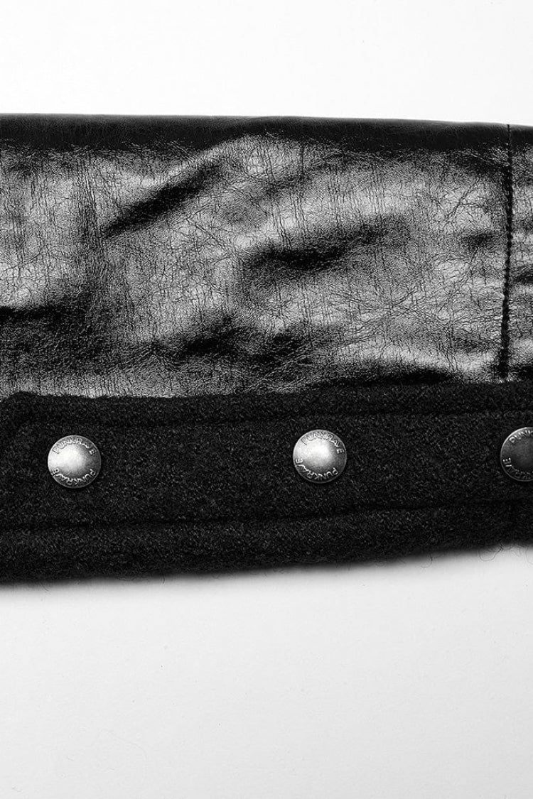 Black Stand Collar Print Faux Leather Stitching Womens Gothic Coat