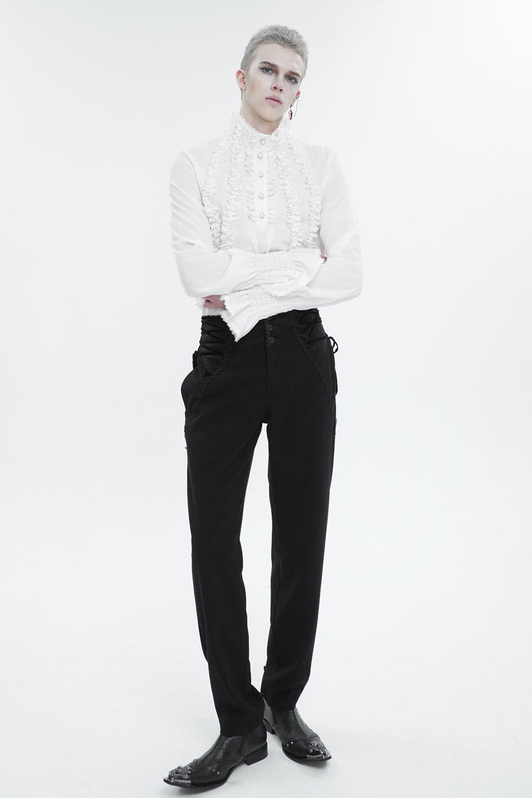 White Irregular Stand Collar Puff Sleeved Ruffled Men's Gothic Shirt