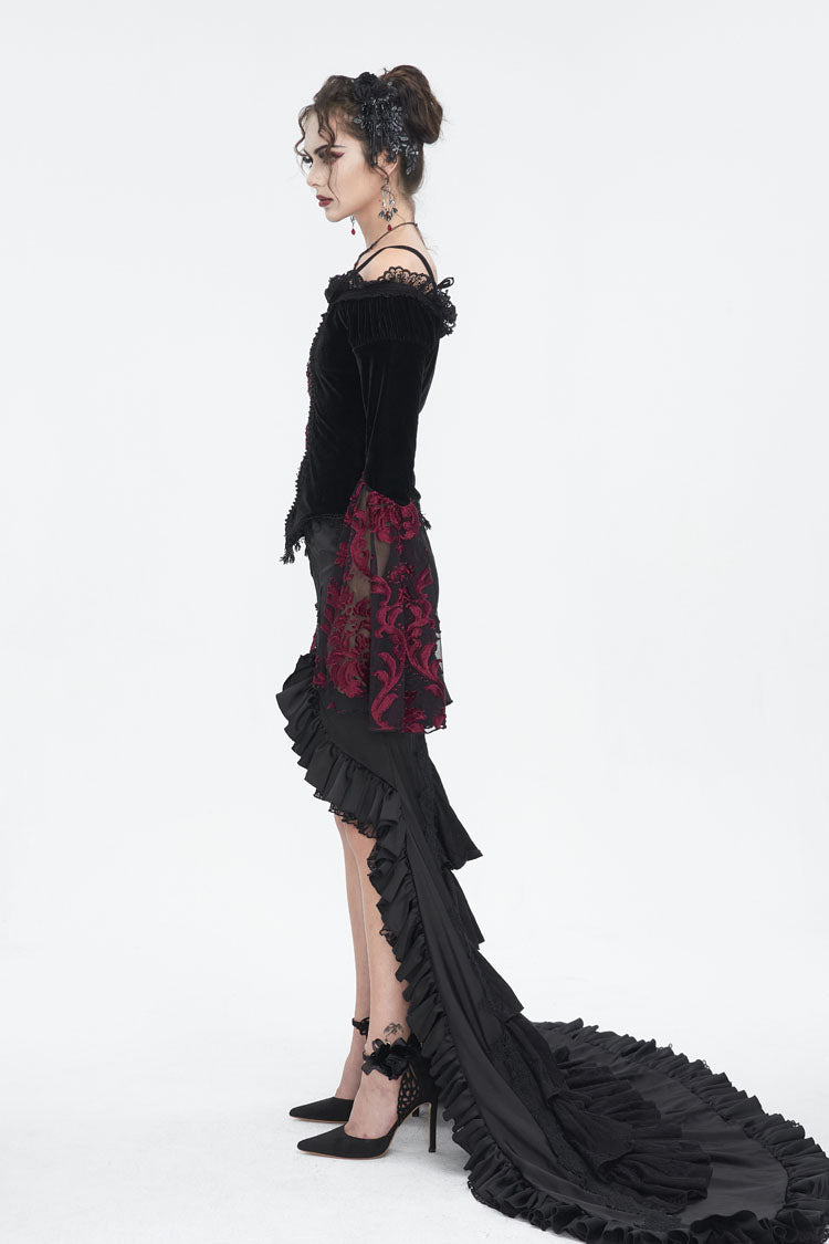 Black/Red Off Shoulder Trumpet Sleeves Embroidery Lace Women's Gothic Blouse