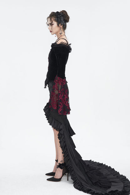 Black/Red Off Shoulder Trumpet Sleeves Embroidery Lace Women's Gothic Blouse