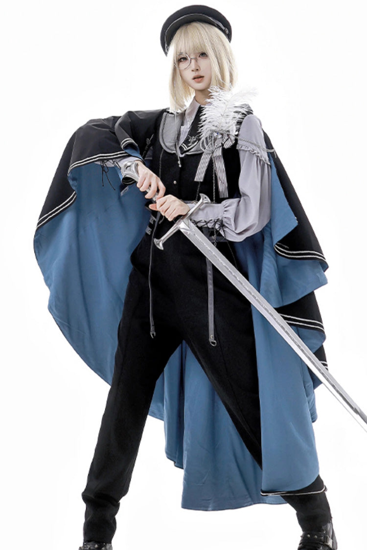 Black/Blue [Dark Night Contract] Long Sleeves Prince Handsome Ouji Lolita Blouse Pants Vest Set