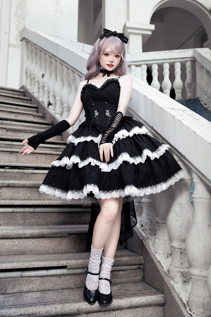 Black Triple-Layered Ruffle Embroidery Bowknot Gothic Lolita Jsk Dress