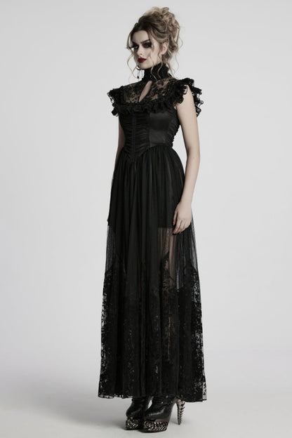 Black Stand Collar Hollow Embroidery Flocking Mesh Women's Gothic Formal Dress