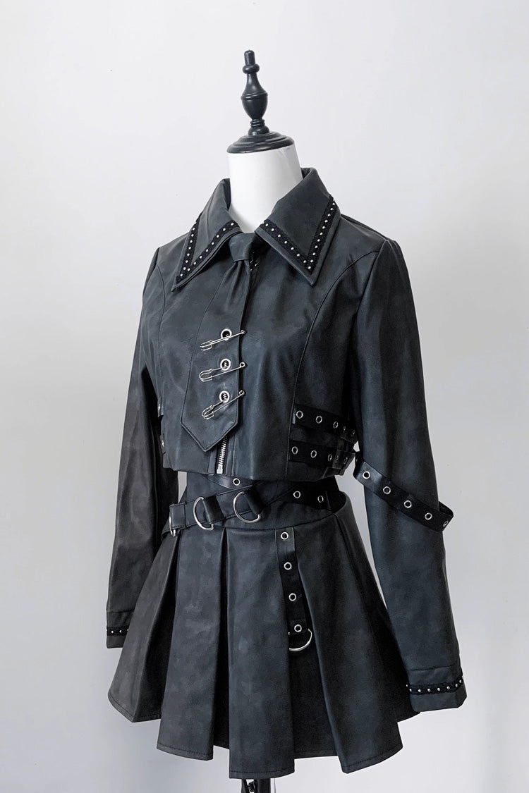 Black [Eternal Night of Bones] Lapel Collar Long Sleeves Studded Eyelet Gothic Jirai Kei Japanese Handsome Top and Skirt Set