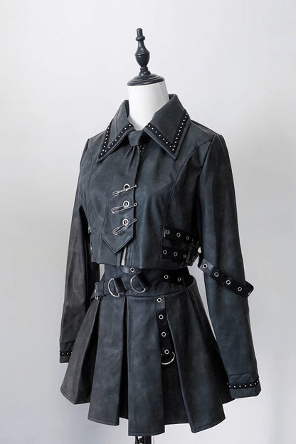 Black [Eternal Night of Bones] Lapel Collar Long Sleeves Studded Eyelet Gothic Jirai Kei Japanese Handsome Top and Skirt Set
