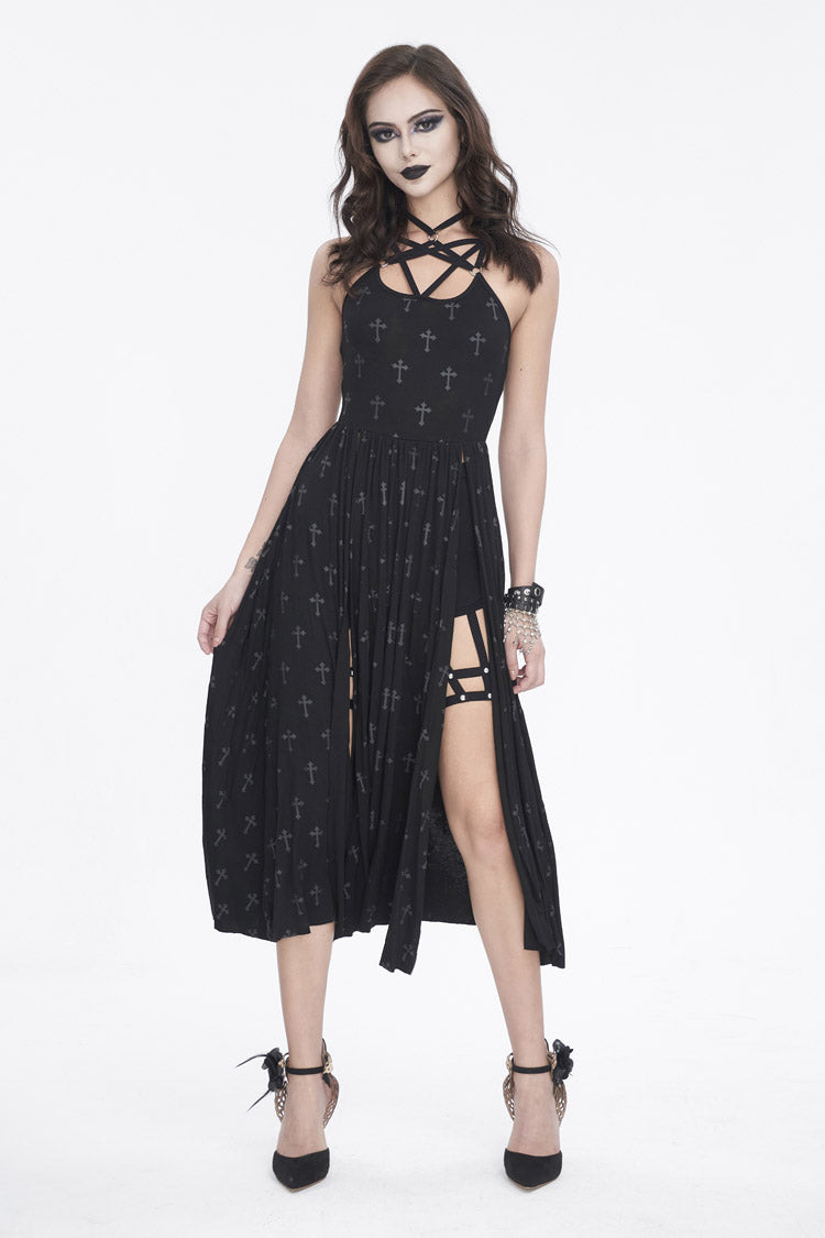 Black Print Strappy Split Womens Gothic Dress