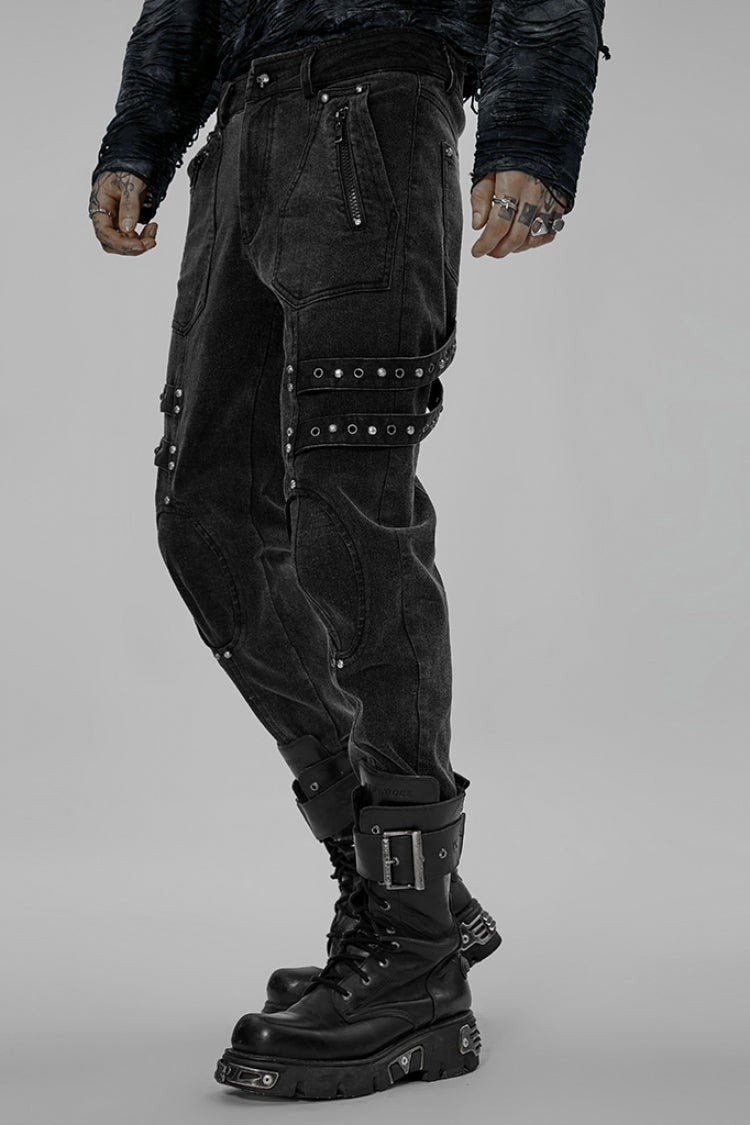 Black Skull Buckles Stitching Metal Nails Men's Steampunk Pants