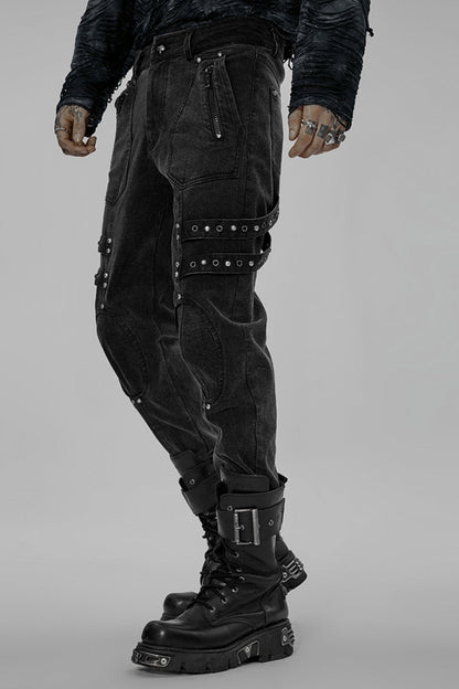 Black Skull Buckles Stitching Metal Nails Men's Steampunk Pants