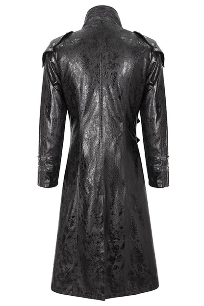 Black Stand Collar Multi Buckle Faux Long Leather Men's Punk Coat